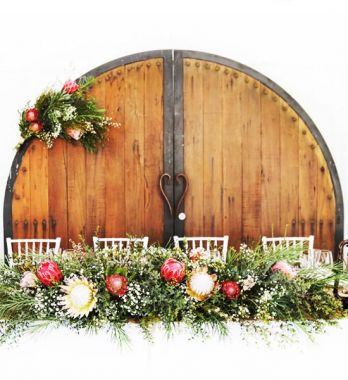 Rustic Timber Doors Bridal Table Backdrop